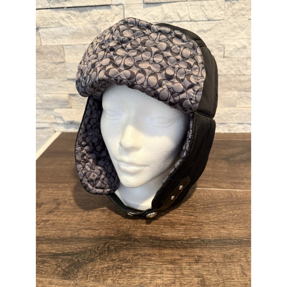 Coach Trapper Hat Vintage Y2K Black Quilted Signature C Aviator Ushanka Cap M/L⁠